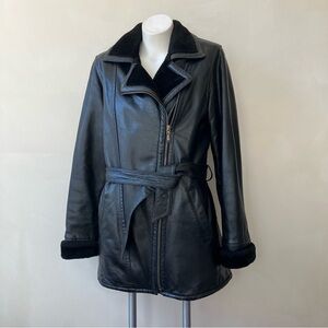Nexus | Vintage Leather Belted Faux Fur Lined Coat